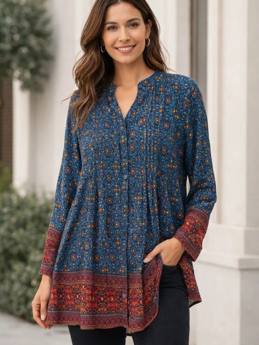 Coldwater Creek  Women’s Blue Floral Border Print Tunic Top Size L
